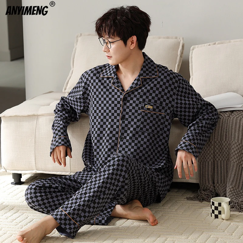 Autumn Winter Men Cotton Pajamas Long Sleeves Long Pants Black and White Pajama Sets Plus Size L-3XL Lapel Man Sleepwear