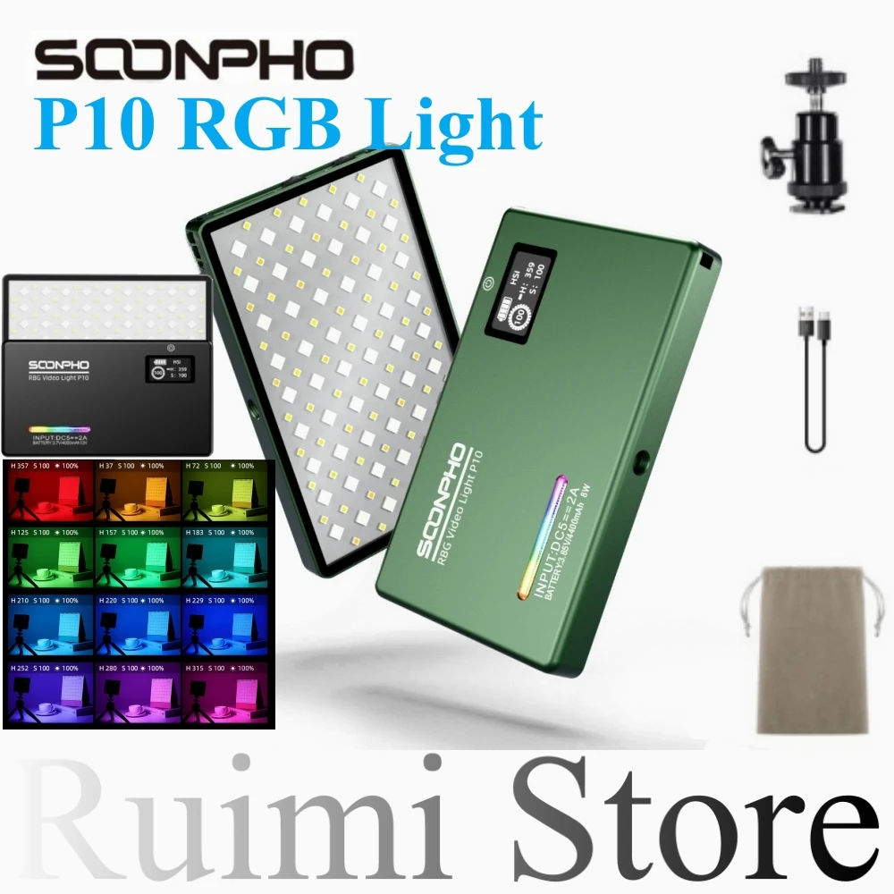 Soonpho P10 RGB LED Camera Light Full Color Output Video Lamp Kit Dimmable 2500K-8500K Bi-Color Panel Light CRI 95+