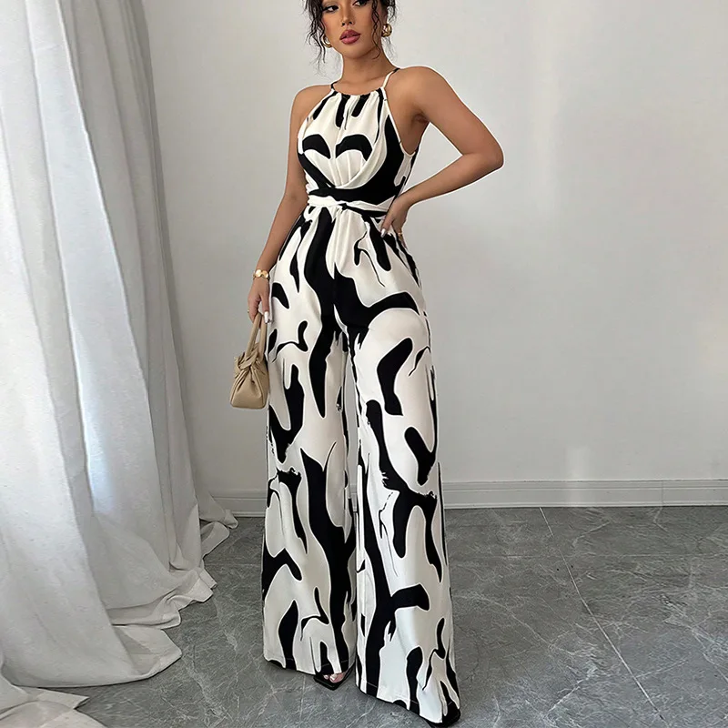 

2026 New Cross Border Women's Western Style Summer Halter Cami Jumpsuit Cow Print Drawstring Sleeveless One-Piece Romper