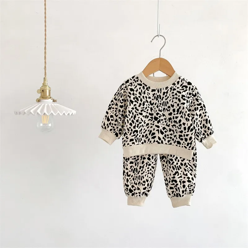 2024 Autumn New Baby Leopard Print Clothing Set Girls Long Sleeve Tops + Cotton Pants 2 Pieces Suit Children Boy O-neck Clothes