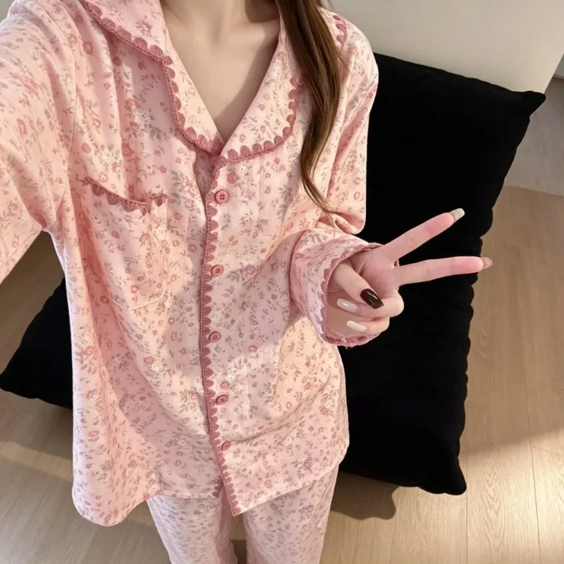 Women Autumn Sweet Pink Floral Sleepwear Set Decorative Edge Lapel Long Sleeve Button Front Home Loungewear Night Suit For Lady