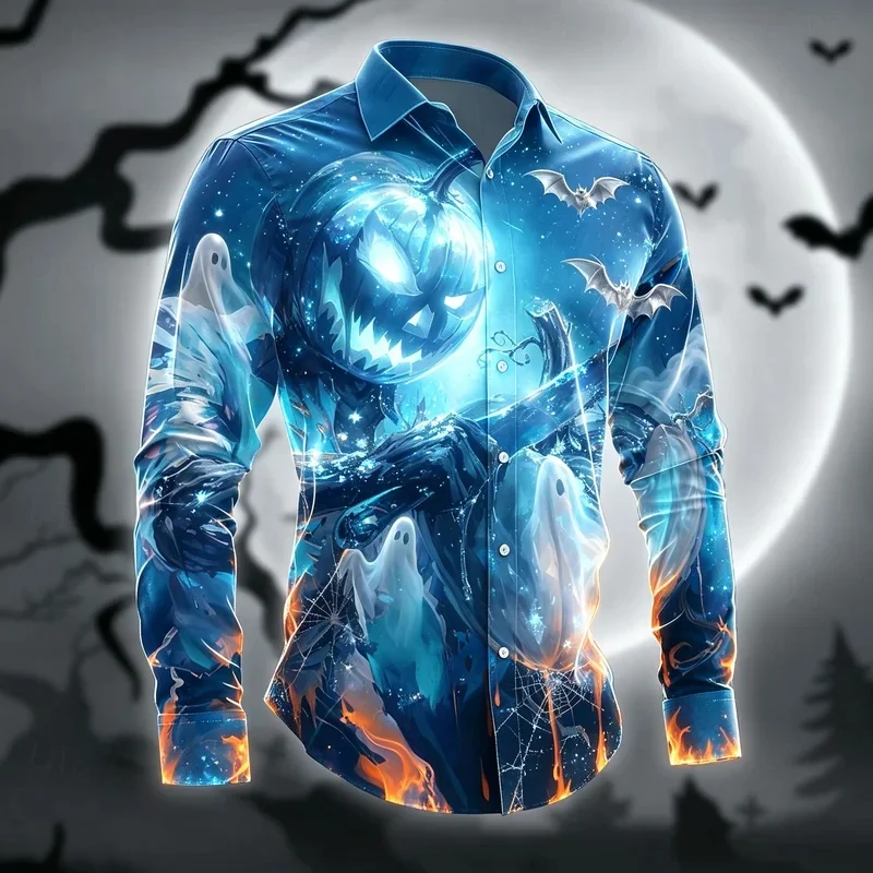 Men's Moon Night Pumpkin Owl Flame Halloween Print Long Sleeve Shirt Lapel Button Tops For Festival Daily Outfit