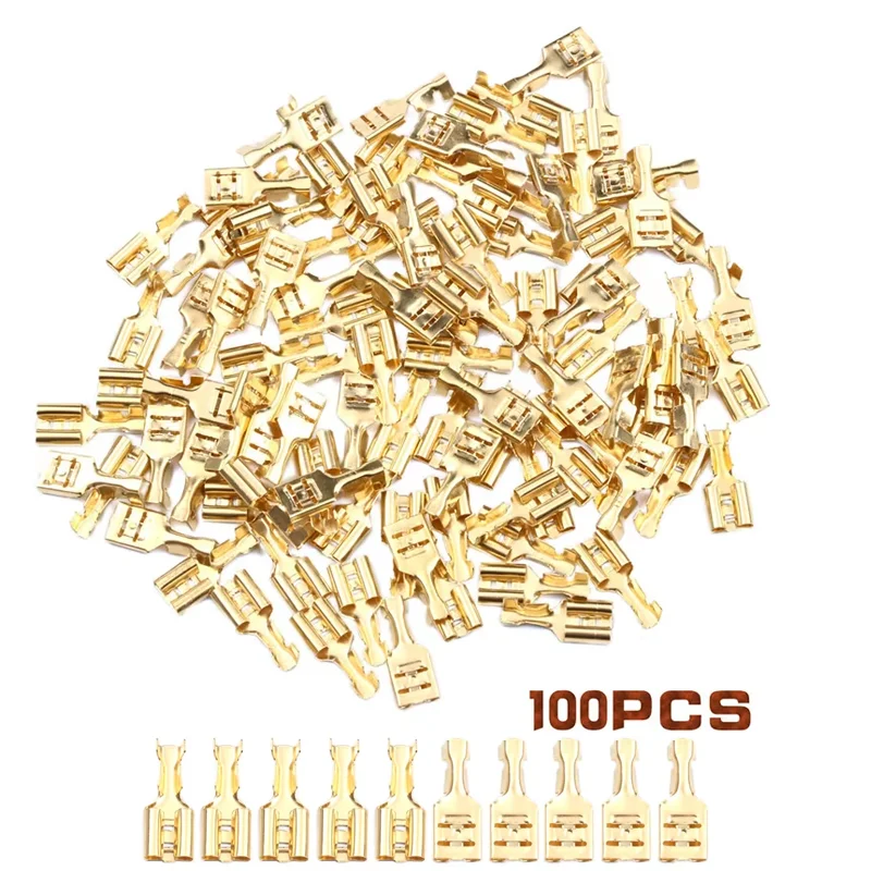 100Pcs 4.8mm/6.3mm Female Crimp Terminal Connector Gold Brass Car Speaker Electric Wire Connectors Crimping Terminals