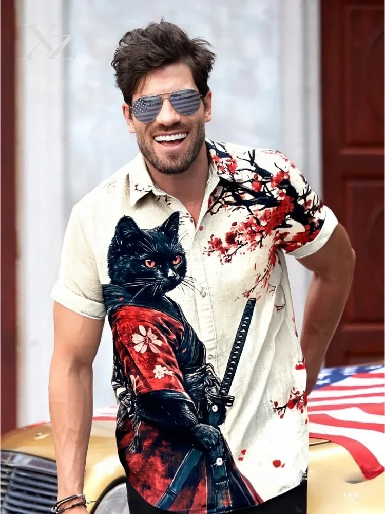 Men's Black Cat Samurai Japanese Art Print Short Sleeve Button Lapel Collar Shirt Casual Funny Summer 2025 Holiday Top Blouse
