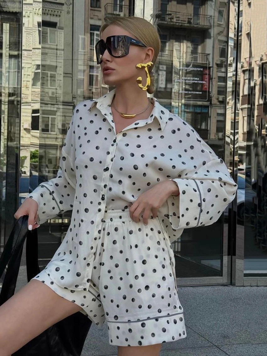 Marthaqiqi Printing Women Pajamas Suit Long Sleeve Nightgowns Sexy Turn-Down Collar Sleepwear Shorts Casual Ladies Nightwear Set