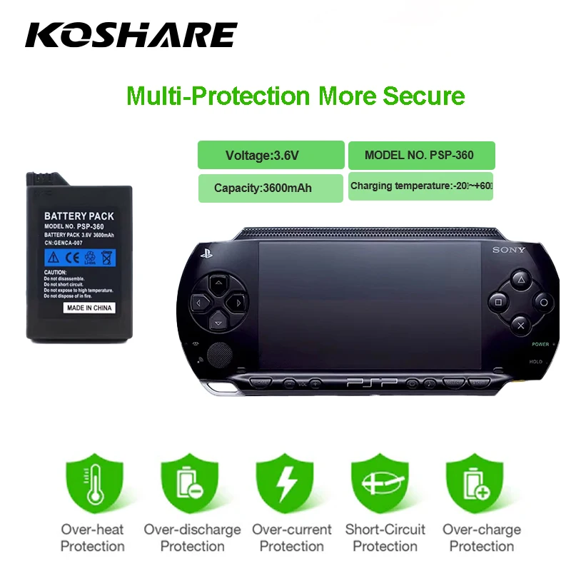 KOSHARE 3,6V Lithium-Ionen-Akku-Pack 3600mAh Ersatzakku für Sony PSP 1000 Serie Spielekonsole