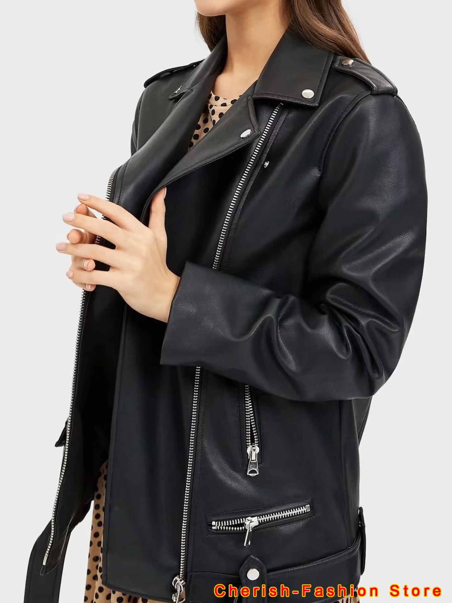 Women Spring Autumn Female Zipper Coat Outwear long Coat Leather Loose Motorcycle Biker Black Pu Faux Leather Jacket with Belt