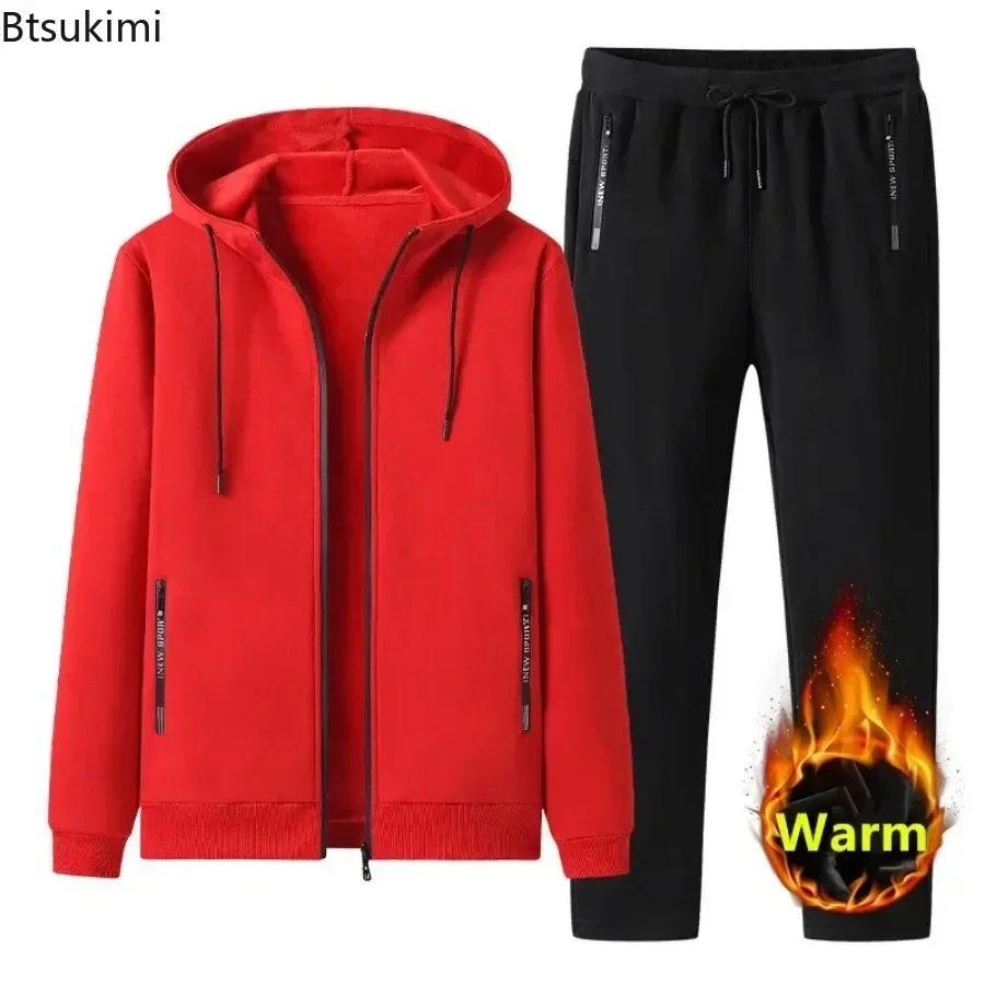 New 2025 Autumn Winter Men Sets Men's Fashion Plus Fleece Thickened Warm Pure Cotton Hooded Sportwear Suit Man Casual Tracksuits