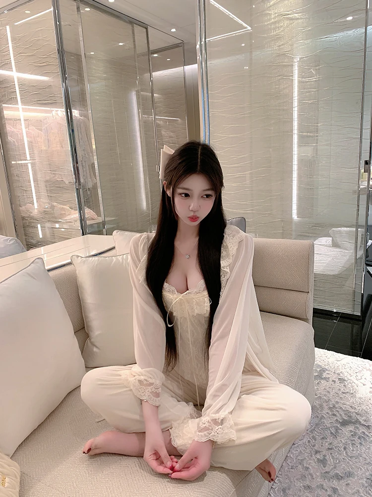 French Princess Style Sexy Modal Long-sleeved Pajamas Three-piece Set 2025 New Lace Lace Sweet Girl Comfortable Soft Loungewear