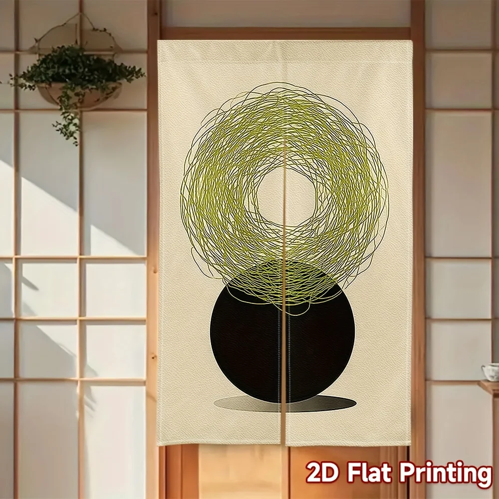 Abstract Green Scribble Noren Curtain – Circular Pattern, Beige Background, for Modern Home or Artistic Decor