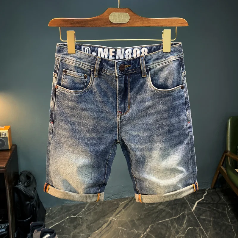 Denim Shorts Men's Summer Thin and All-Matching Casual Simple Fashion Advanced Design Brushed Retro Curling Stretch Capri Pants