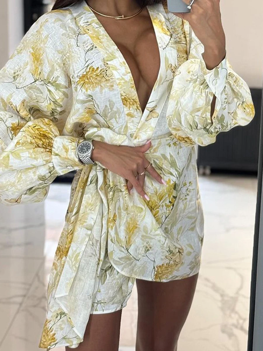 

Floral Print Irregular Mini Dress Women Summer V Neck Long Sleeve Lace-up Short Dresses Sexy Casual Fashion A-line Shirt Vestido