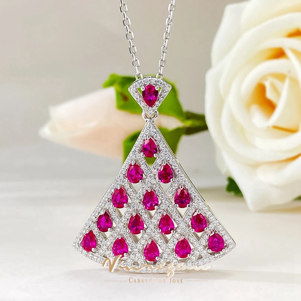 

Vinregem Fan Ruby High Carbon Diamond Gemstones Pendant Necklaces for Women Vintage 100% 925 Sterling Silver Jewelry Wholesale