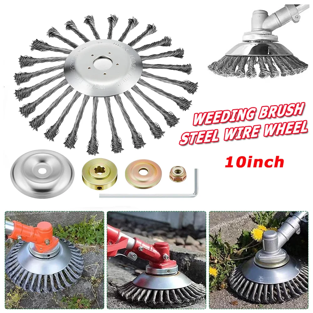 Removal Rust Weed Brush Cutter Head Lawn Mower Brush Cutter Tools  1Pc 10 Inch Steel Wire Wheel Universal Garden Weeding Brush