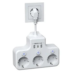 Multi Plug Electrical Outlet, EU Power Strip 2 USB A 1 Type C Multitap Socket With Switch 5CM Extension Cord 4000W 16A White