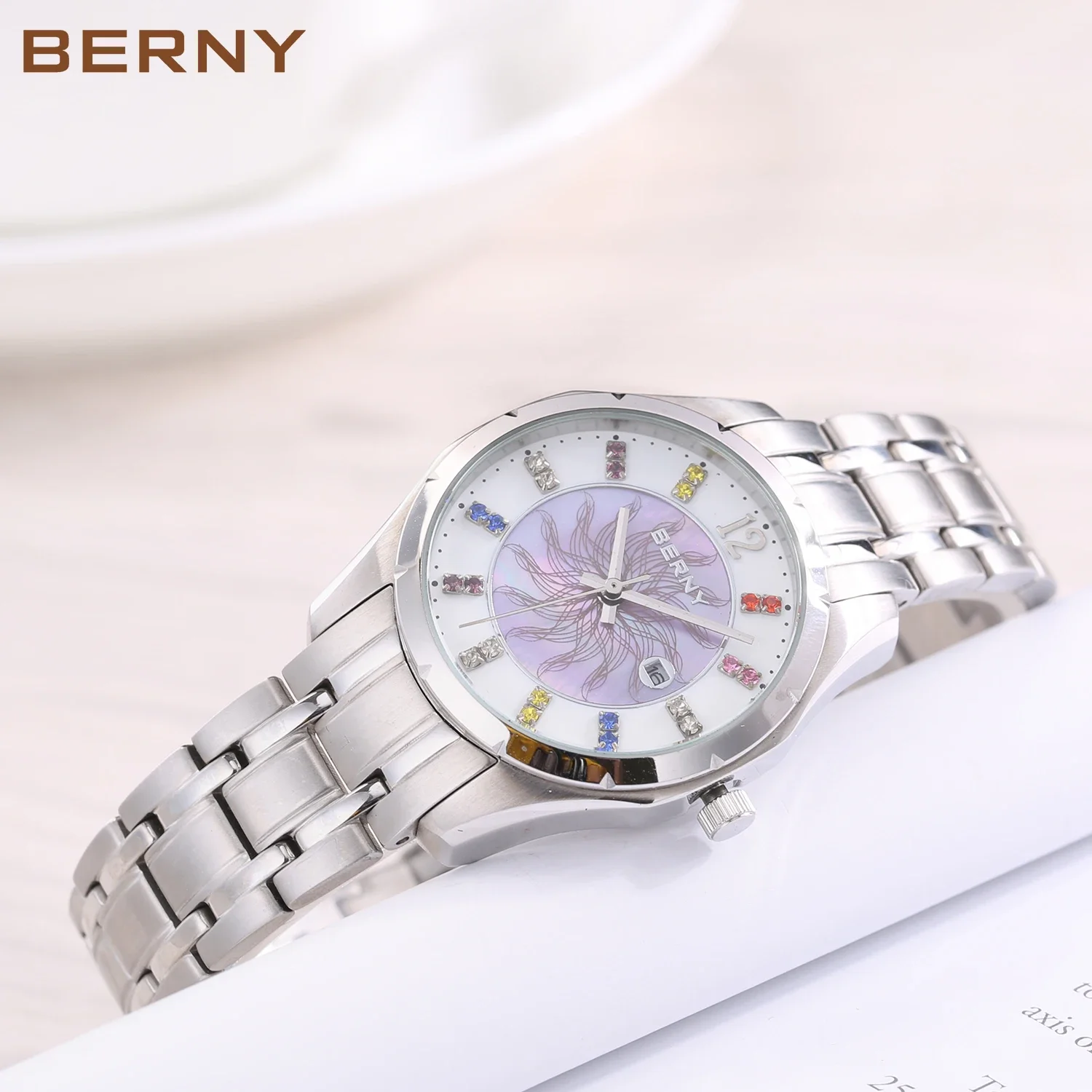 BERNY Watch for Women Fashion Casual Quartz Women\'s Wristwatch Sapphire Glass Colorful Dial Full Stainless Steel Ladies Watches