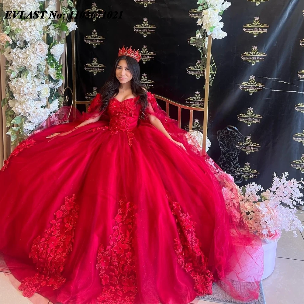 

EVLAST Elegant Red Quinnceanera Dress Ball Gown Lace Applique Beaded With Cape Mexican Corset Sweet 16 Vestidos De 15 Anos SQ647