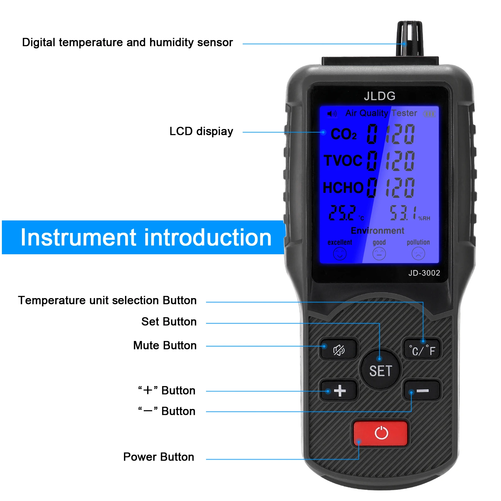 JD-3002 Air Quality Detector CO2 HCHO TVOC Temperature Humidity Measuring Device CO2 Meter Multifunctional Air Quality Analyzer