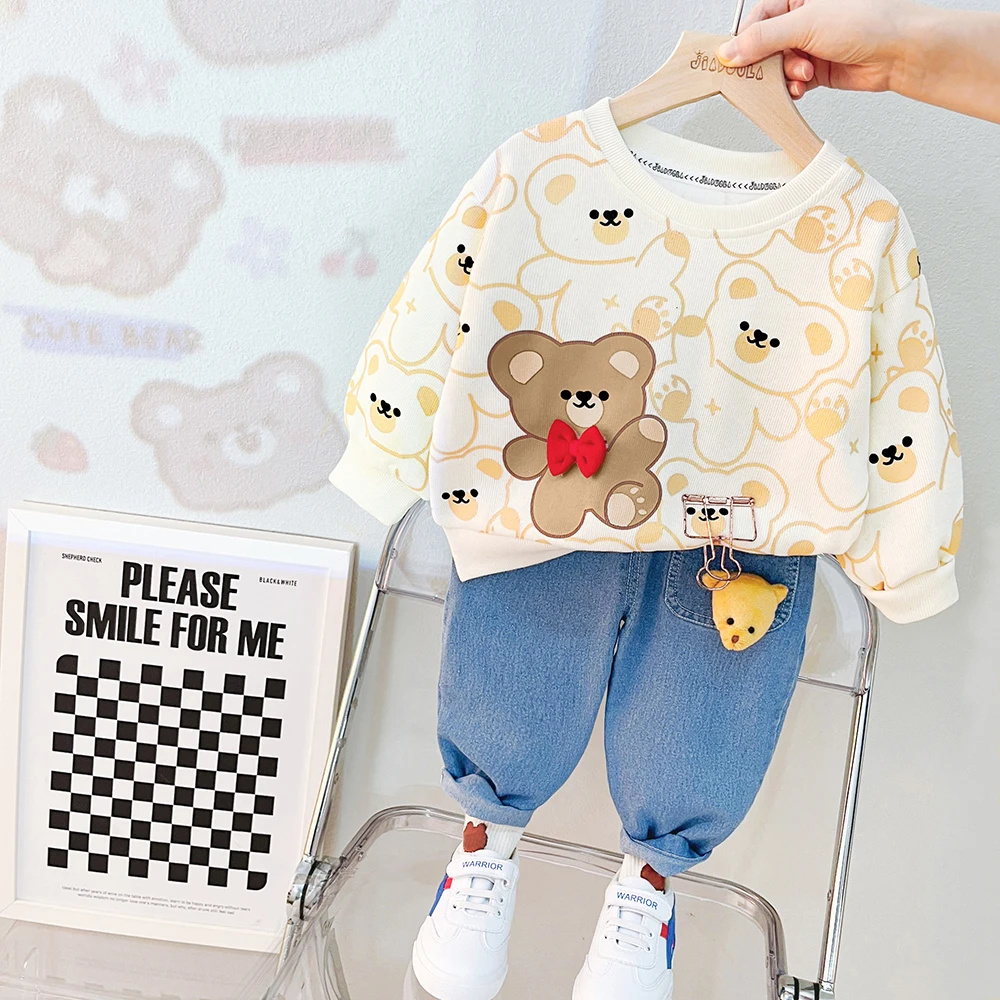 Spring Kids Clothing Sets Baby Boys Girls Cute Bear Long Sleeve T Shirt Jeans 2 Pcs Suit Infant Clothes Outfits Children Costume