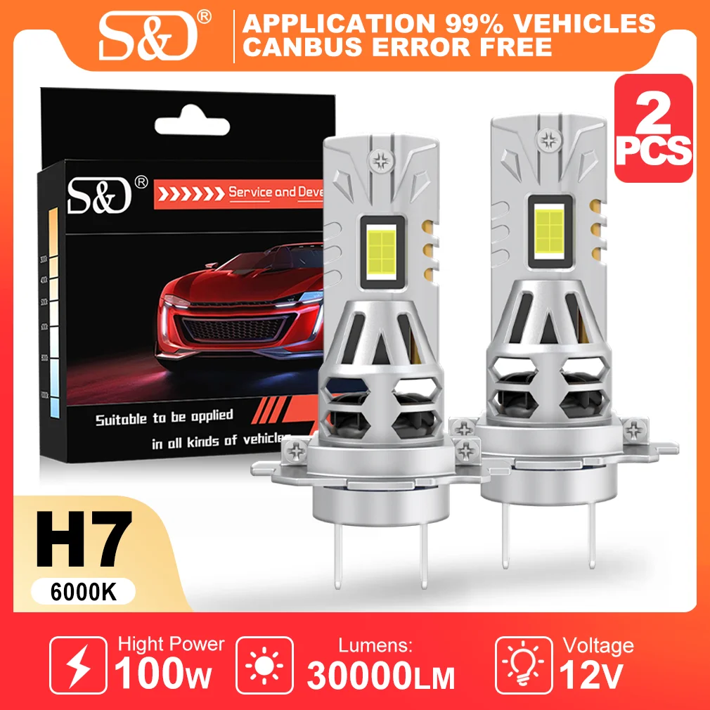 S&D H7 LED Headlight 30000LM 100W Car Headlight Bulb Super Bright 6000K White CANBUS Plug andPlay Auto Headlamp with Cooling Fan