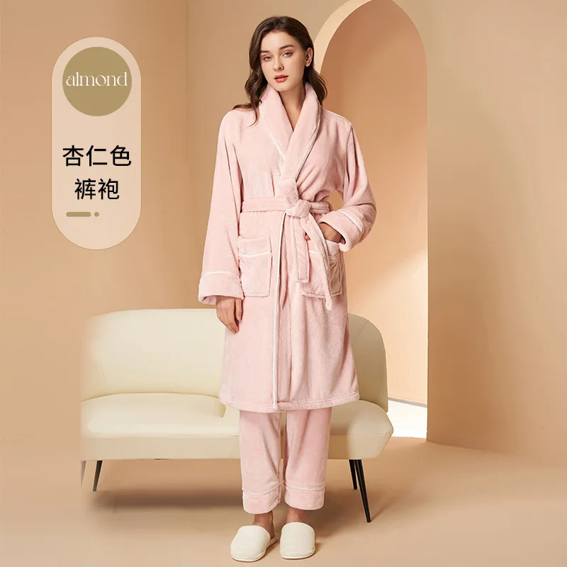 Couple Winter Warm Dress Sets Coral Velvet Thicken Plush Sleepwear Casual Shawl Collar Women's Bath Robes Long Pants Pajamas