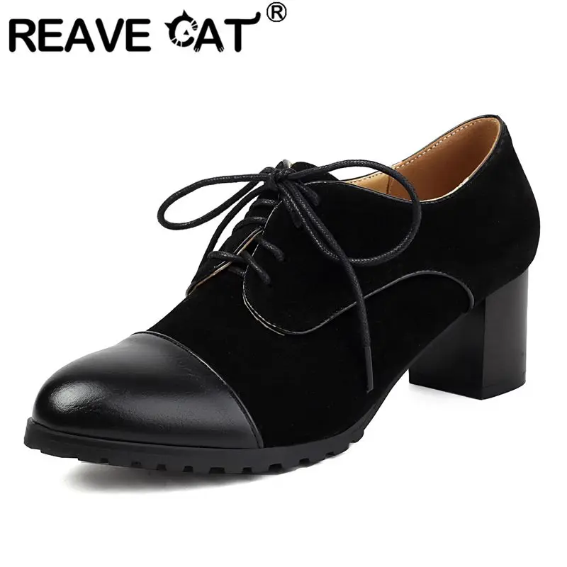

REAVE CAT Roman Style Women Pumps Round Toe Block Heels 5.5cm Lace Up Mixed Color Flock Suede Big Size 42 43 Leisure Daily Shoes