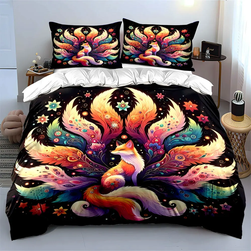 Colorful Dreamlike Nine-Tailed Fox Bedding Set for Kids Luxury Gift 3pcs Digital Print Comforter Set Soft Comfortable Breathable