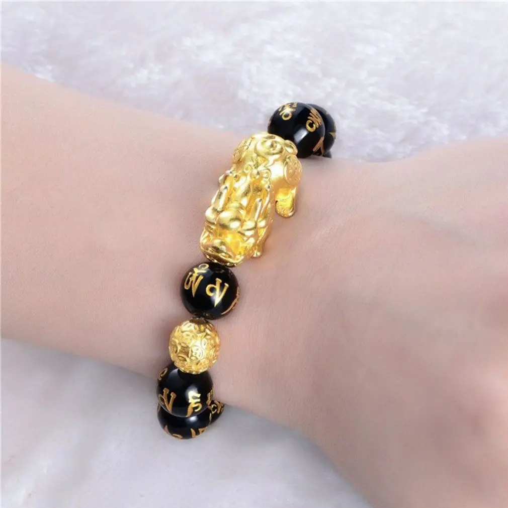Feng Shui Gelang Manik-manik Batu Obsidian Gelang Pria Wanita Uniseks Gelang Emas Hitam Pixiu Kekayaan dan Keberuntungan Wanita Gelang