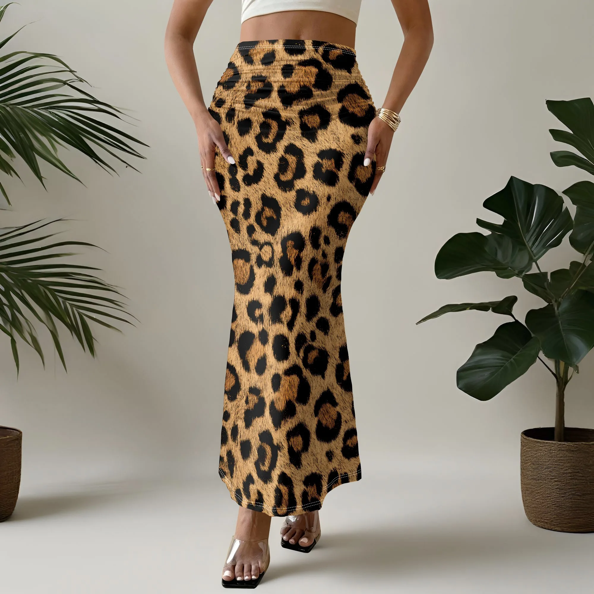 Leopard Print Skirt, Mermaid Hem Maxi Skirt, Bodycon Fit Bottoms, High Waist Long Skirts for Women, Party Club Wear, S-3XL
