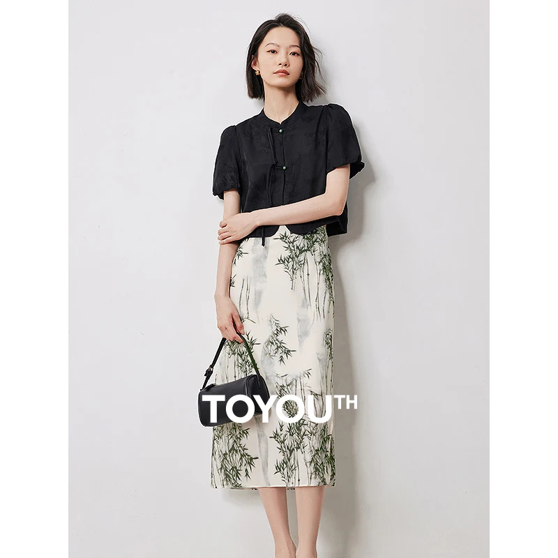 

TOYOUTH Women Two Piece Sets 2024 Summer New Chinese Style Black Pullover Tops With Bamboo Printed Skirt Elegant Chinese Clothes