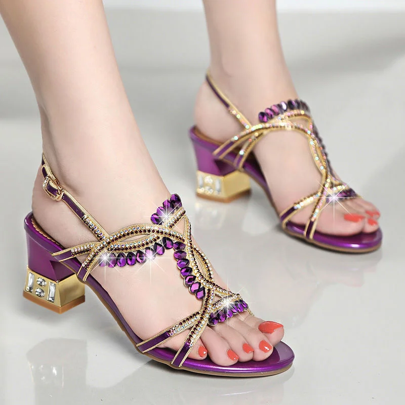 Summer Women Fashion Open Toe Shining Rhinestone Buckle Thick High Heel Sandals Rhinestone Gladiator Wedding Dress Shoes