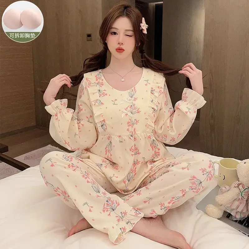 New Cloud Cotton Pajamas Women Autumn with Chest Pad Long Sleeve Large Size Fat Mm Loose Sweet Can Be Worn Outside The Home Suit