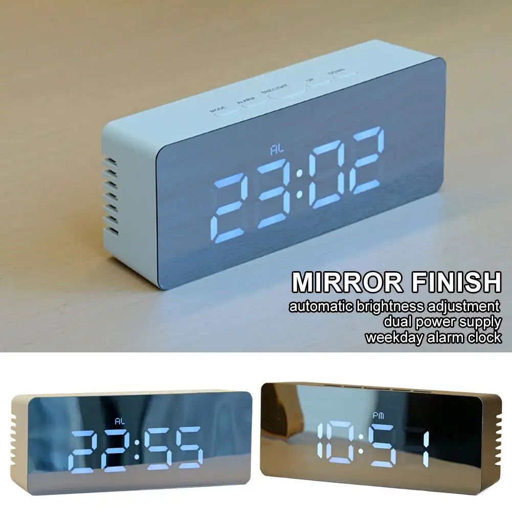 Reloj Despertador Digital con Espejo LED, Función de Repetición, Pantalla de Tiempo, Luz Nocturna USB, Reloj de Mesa para Decoración del Hogar y Escritorio