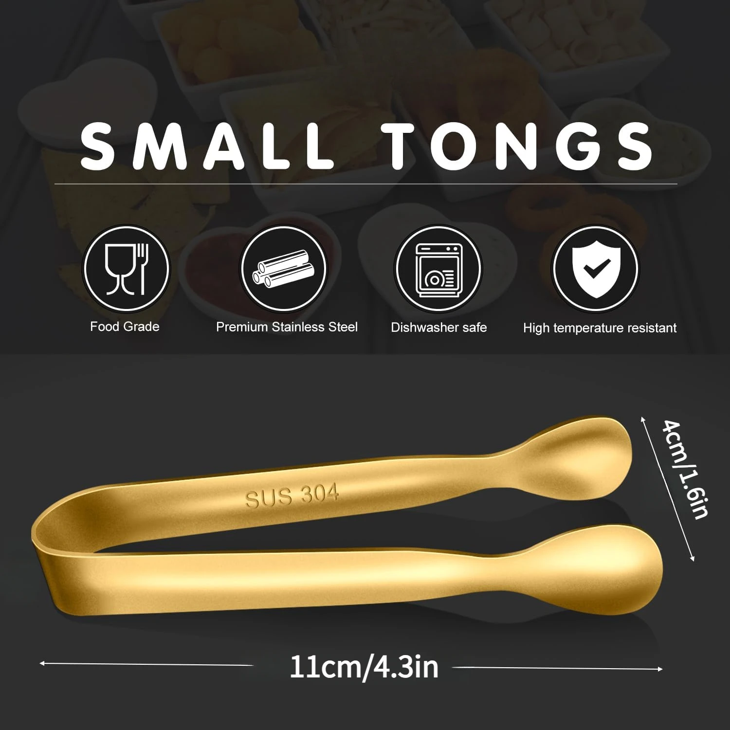 Small Gold Tongs For Serving,Food Grade Stainless Steel 4" Mini Tongs Appetizers for Parties Catering, Sugar, Ice, Desserts,Tea view 3