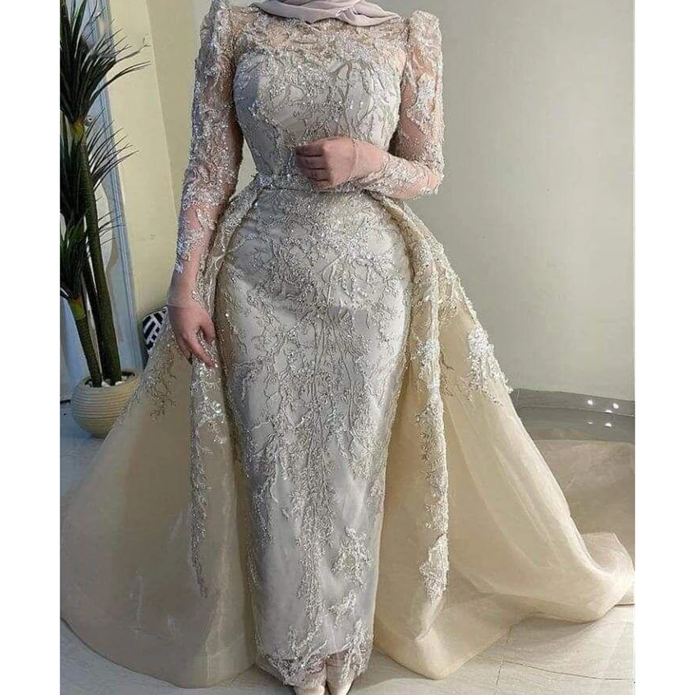 Chic Elegant Women Evening Dress With Train Applique Round Neck Long Sleeves Custom Made Gown Vestido de novia