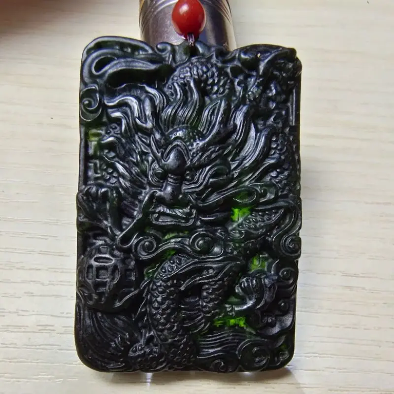 King of Medicine Stone Dragon Feng Pendant Dark Green Jade Prosperity Brought by the Dragon and the Phoenix Necklace Pendant