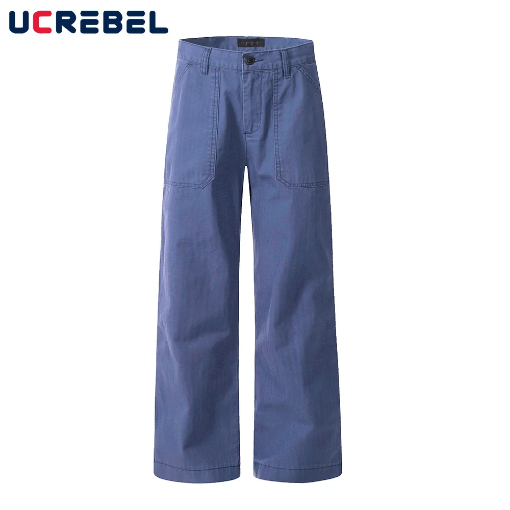 

Solid Color Jeans Mens Simple Pocket High Street Loose Straight Wide Leg Denim Pants Men Trousers