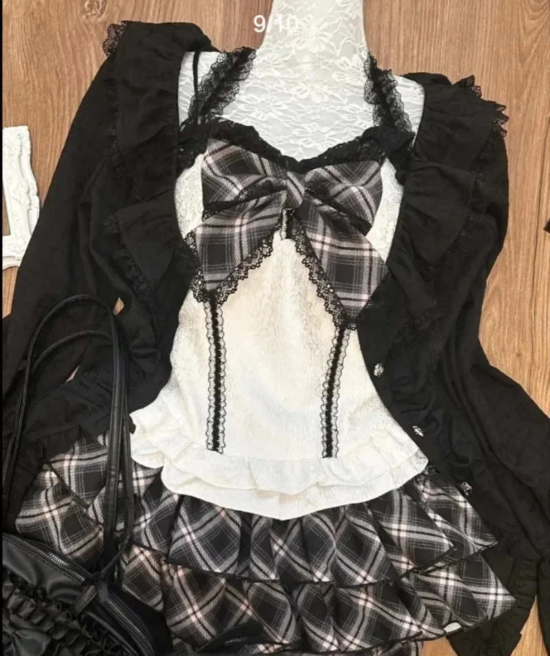 Otoño Harajuku Japón cremallera mujeres Tops dulce Patchwork plisado faldas escalonadas Punk Y2k ropa de calle estética conjuntos Vintage