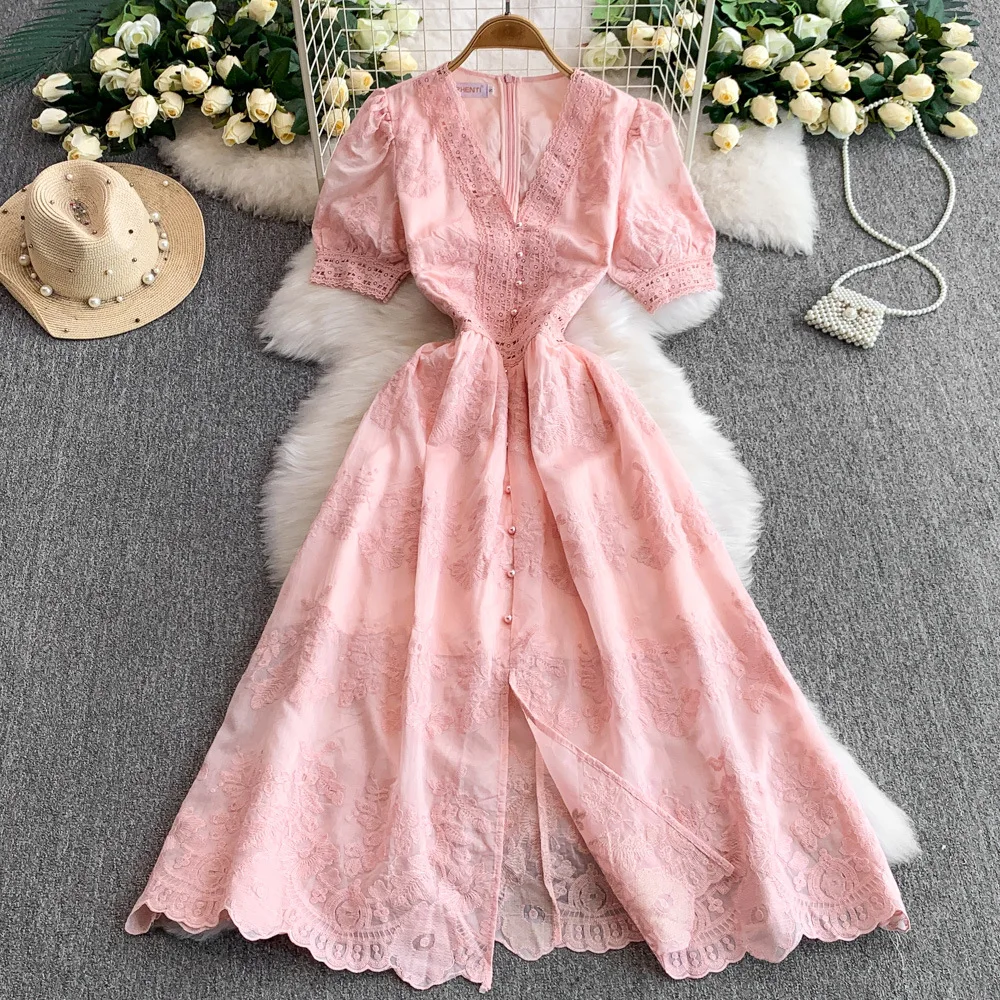 UNI 夏秋ホリデー中空フラワー刺繍レースイブニングプロムドレス女性半袖ミディロングパーティー Vestidos