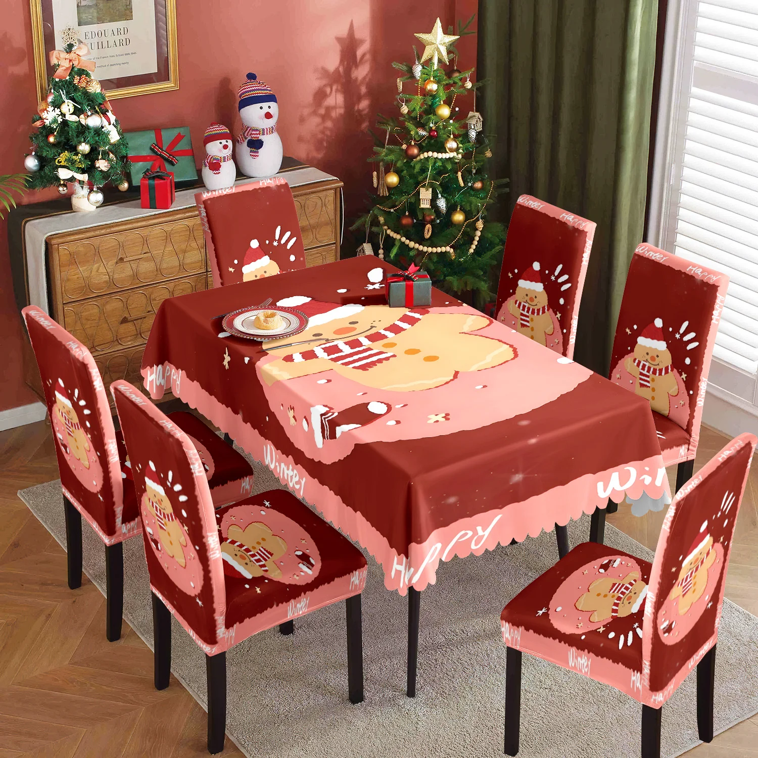 

Christmas table and chair covers, home holiday decorations, gingerbread man and Christmas stocking designs - washable