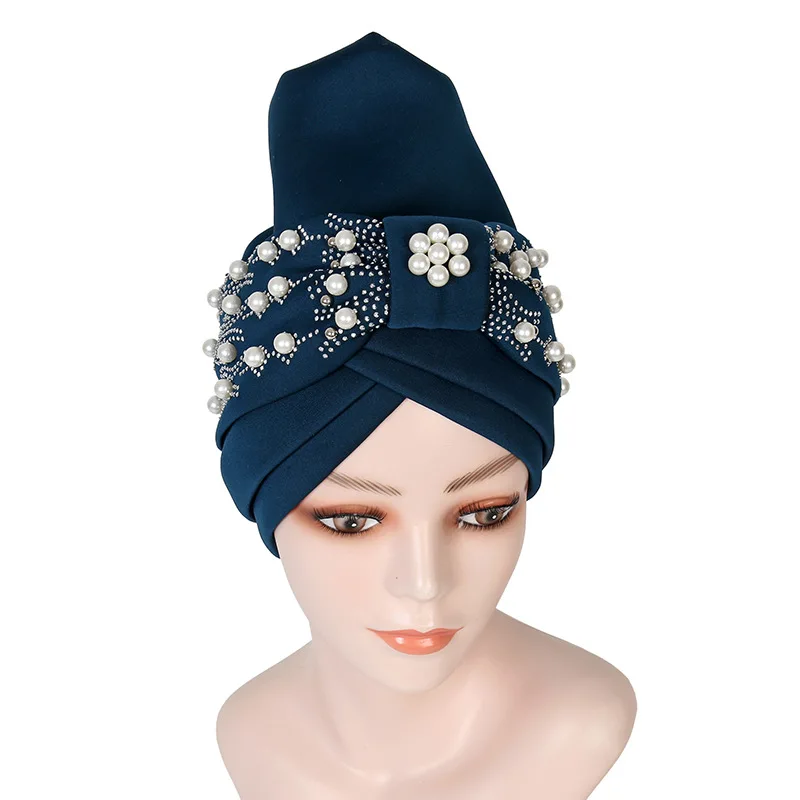 Pearls Beading African Turban Cap Female Head Wraps Muslim Headscarf Hijab Bonnet Auto Gele Headtie Nigerian Wedding Geles