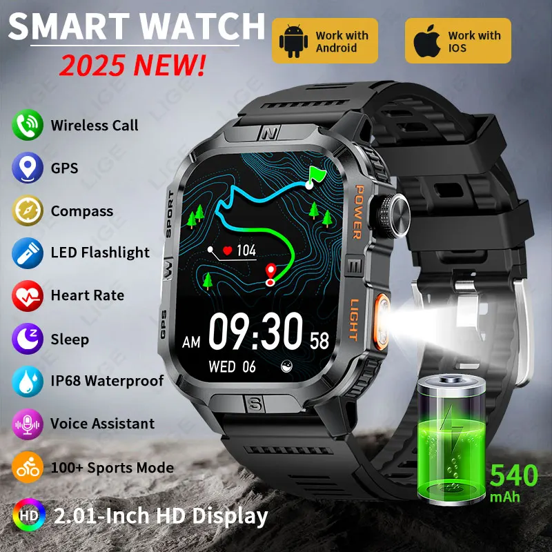 

LIGE New Smart Watch LED Flashlight Bluetooth Call GPS Positioning USB Magnetic Charging Waterproof Men SmartWatch Heart Rate