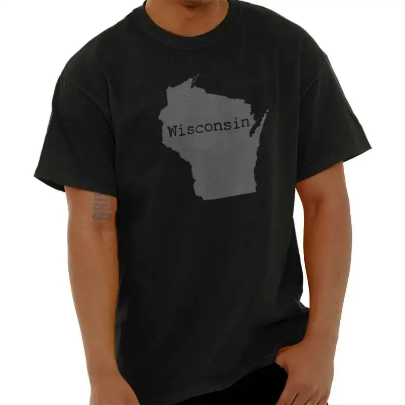 Wisconsin Map Shape Vacation WI Pride Gift Adult Short Sleeve Crewneck Tee