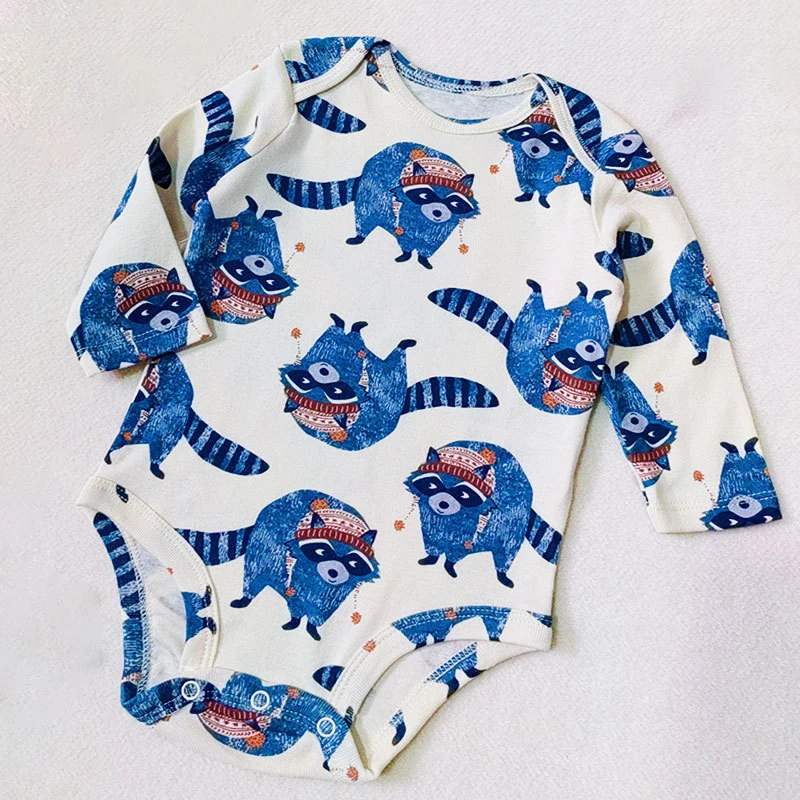 3-Pack Newborn Baby Long Sleeve Cotton Bodysuit Adorable Sloth Fox Racoon Animal Print Snap Closure Baby Onesie for Boys Girls
