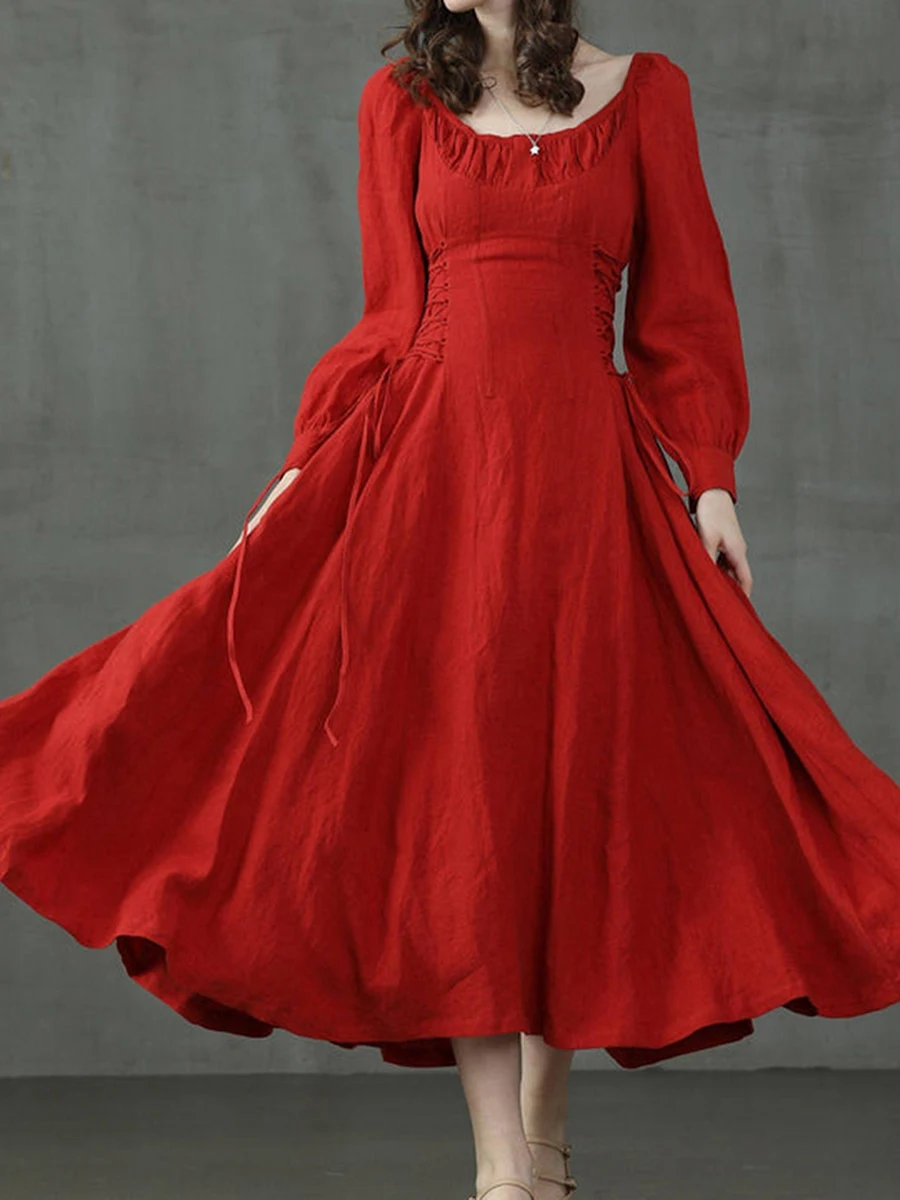 

Women Vintage Red Flowy Dress Autumn Elegant Long Sleeve High Waist Lace Up Solid Color A-Lined Long Dresses for Wedding Party