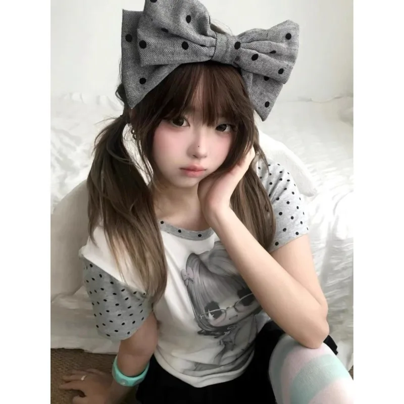 Kimotimo Y2k Polka Dot Print Short Sleeve T-shirts Women Summer New O-neck Patchwork Slim Crop Top Japanese Sweet Aesthetic Tees
