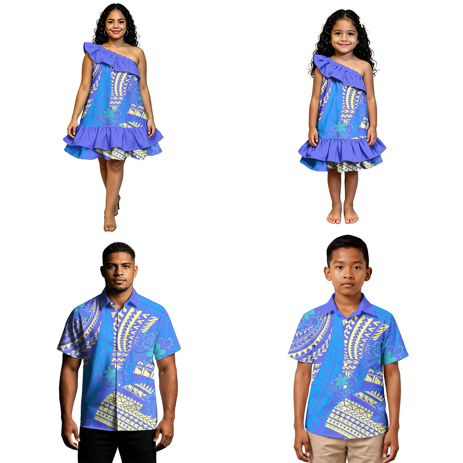 Conjunto Familiar Havaiano: Camisas Polinésias para Homens e Meninos, Vestidos para Mulheres e Meninas com Design Tribal Samoano – Roupas Personalizad