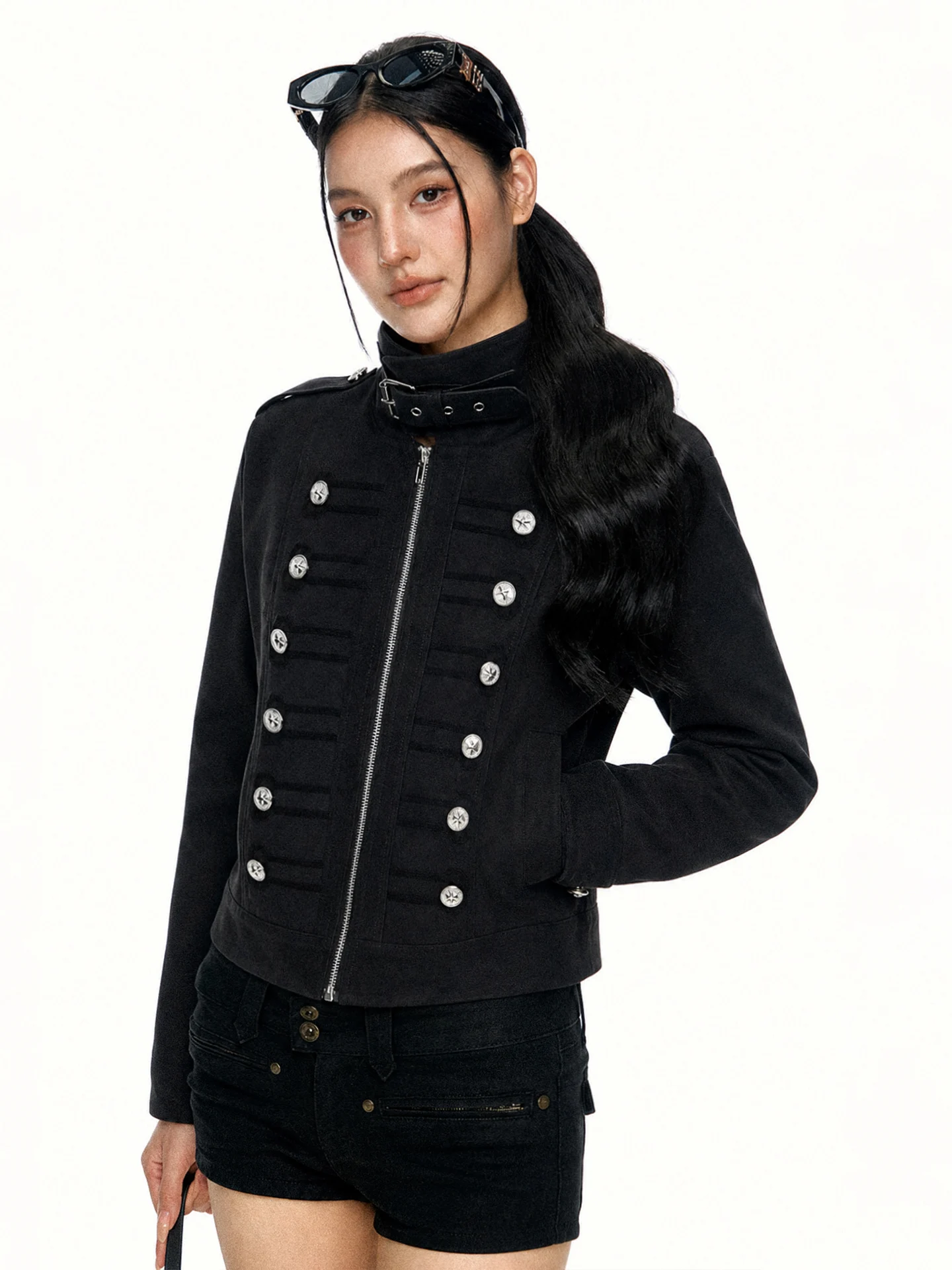 Aaisup Black Court Style Short Jacket Women's Initial Autumn New Metal Sensation Stand Collar Zipper Motorcycle Jacket