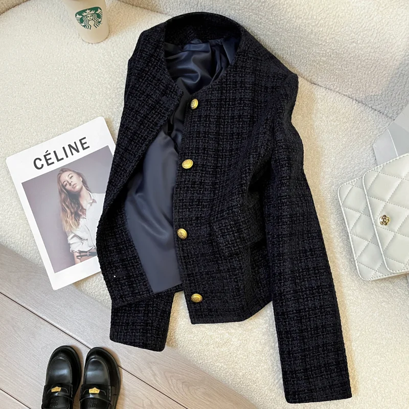 Navy Blue Small Fragrant Round Neck Simple Wild Coat Women Vintage Elegant Loose Fashion French Lady Long-sleeved Tweed Coat
