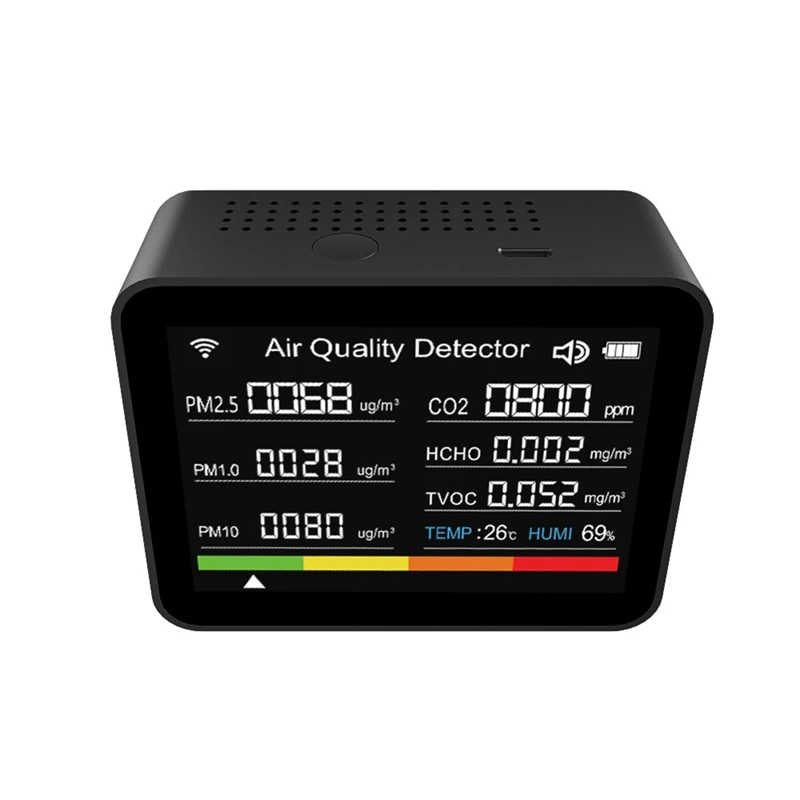 

Tuya WIFI Air Quality Tester Black ABS CO2/TVOC/HCHO/PM2.5/PM1.0/PM10/Temperature/Humidity/Date/Alarm/Stopwatch CO2 Meter